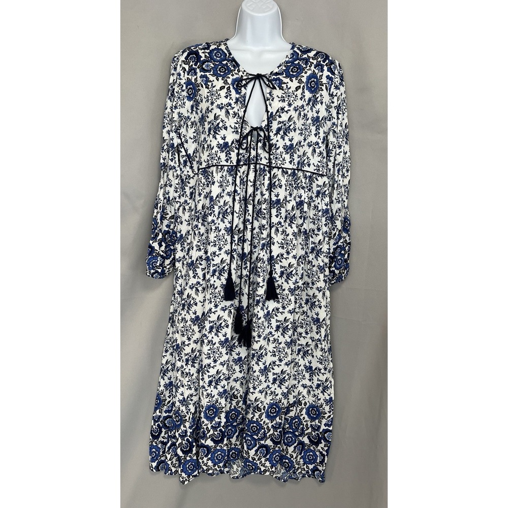 R Vivimos Blue White Floral Peasant Boho English Countryside Flowy Dress Sz L